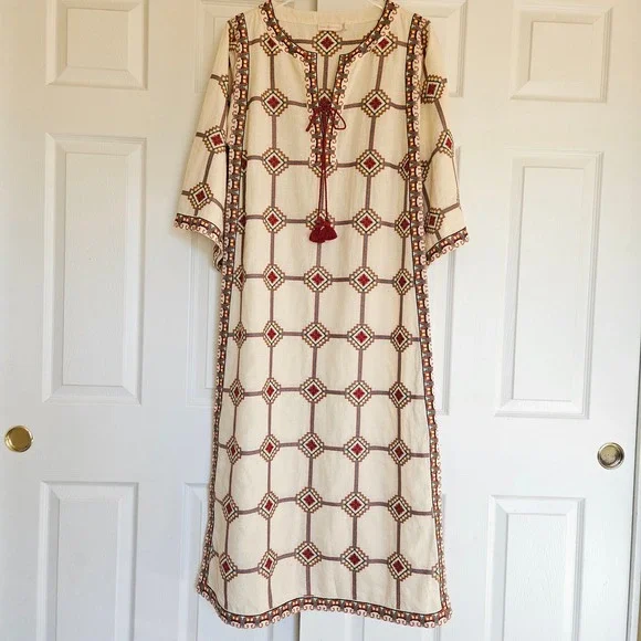 TORY BURCH Embroidered Caftan Dress Geo Print Size Small TORY BURCH Embroidered Caftan Dress Geo Print Size Small